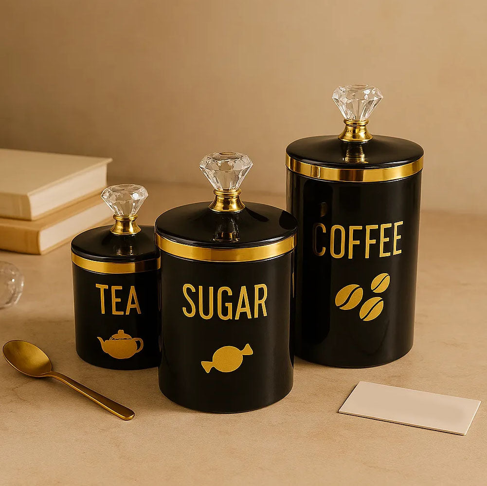 Luxury Black & Gold Tea Sugar Coffee Canister Set – Premium Plastic Kitchen Storage Jars (3-Piece Set)