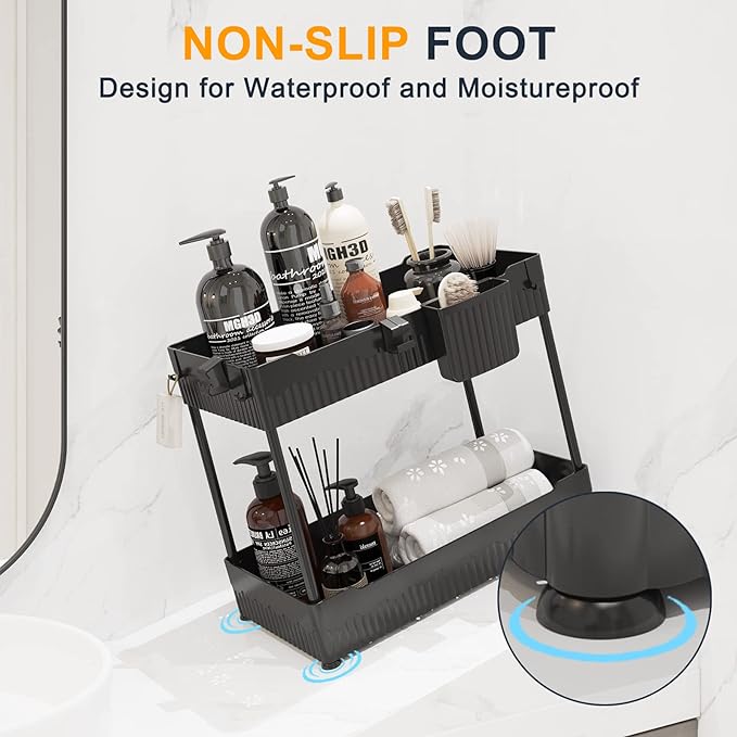 2 Pack Under Sink Organizers and Storage,Under Bathroom Cabinet Organizer with Hooks Hanging Cup,Multi-Purpose Storage Shelf for Kitchen Bathroom