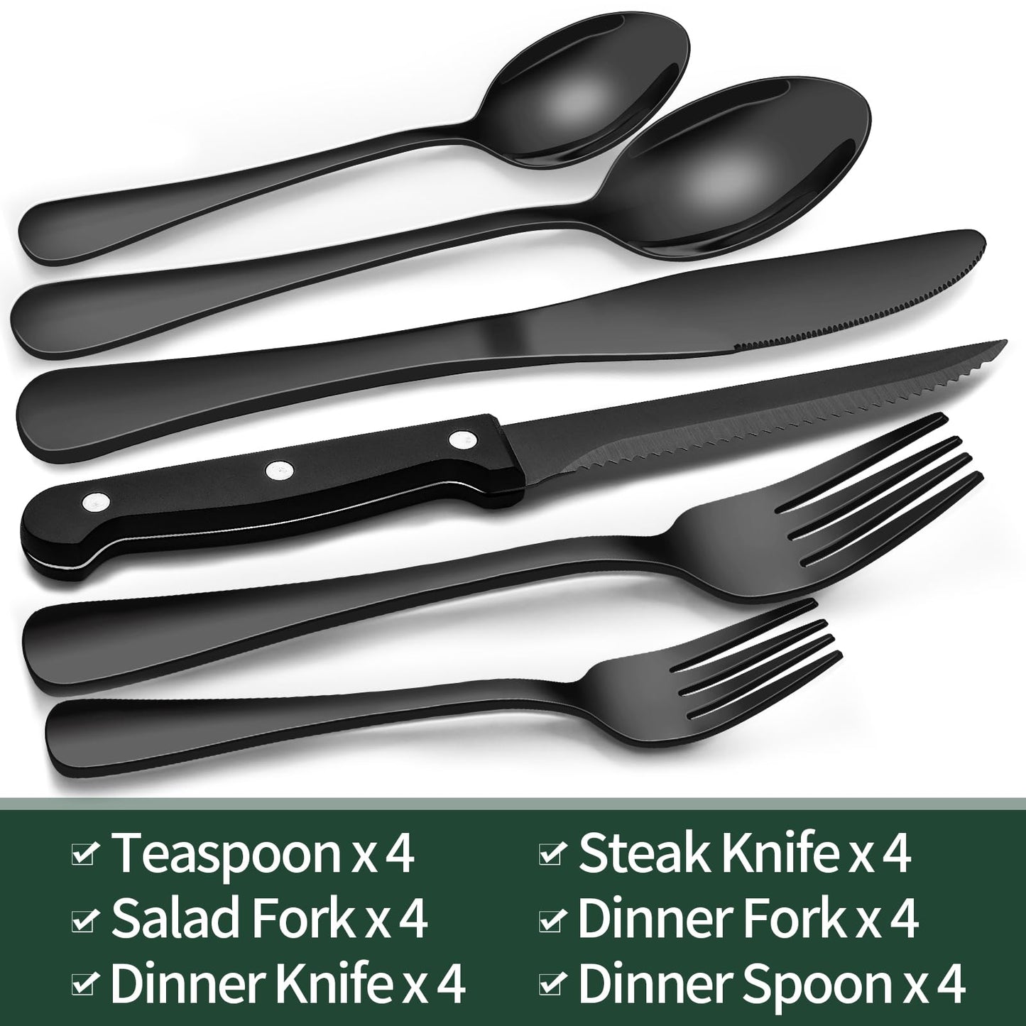 24 piece black silverware set, black dinnerware set for 4, food grade stainless steel flatware set