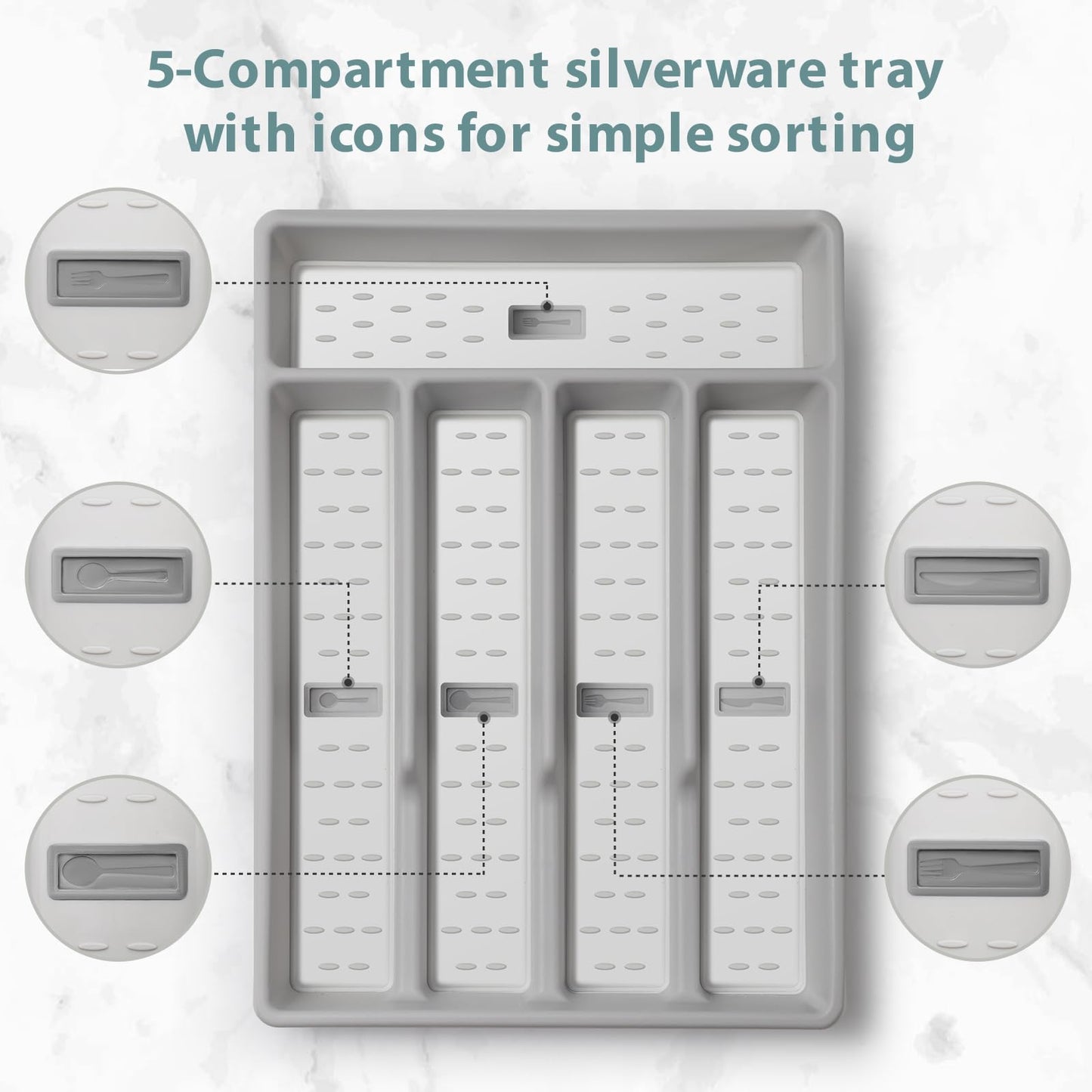 Silverware Organizer,Plastic Cutlery silverware Tray for Drawer,Fits Standard Drawer,5-Compartment,White