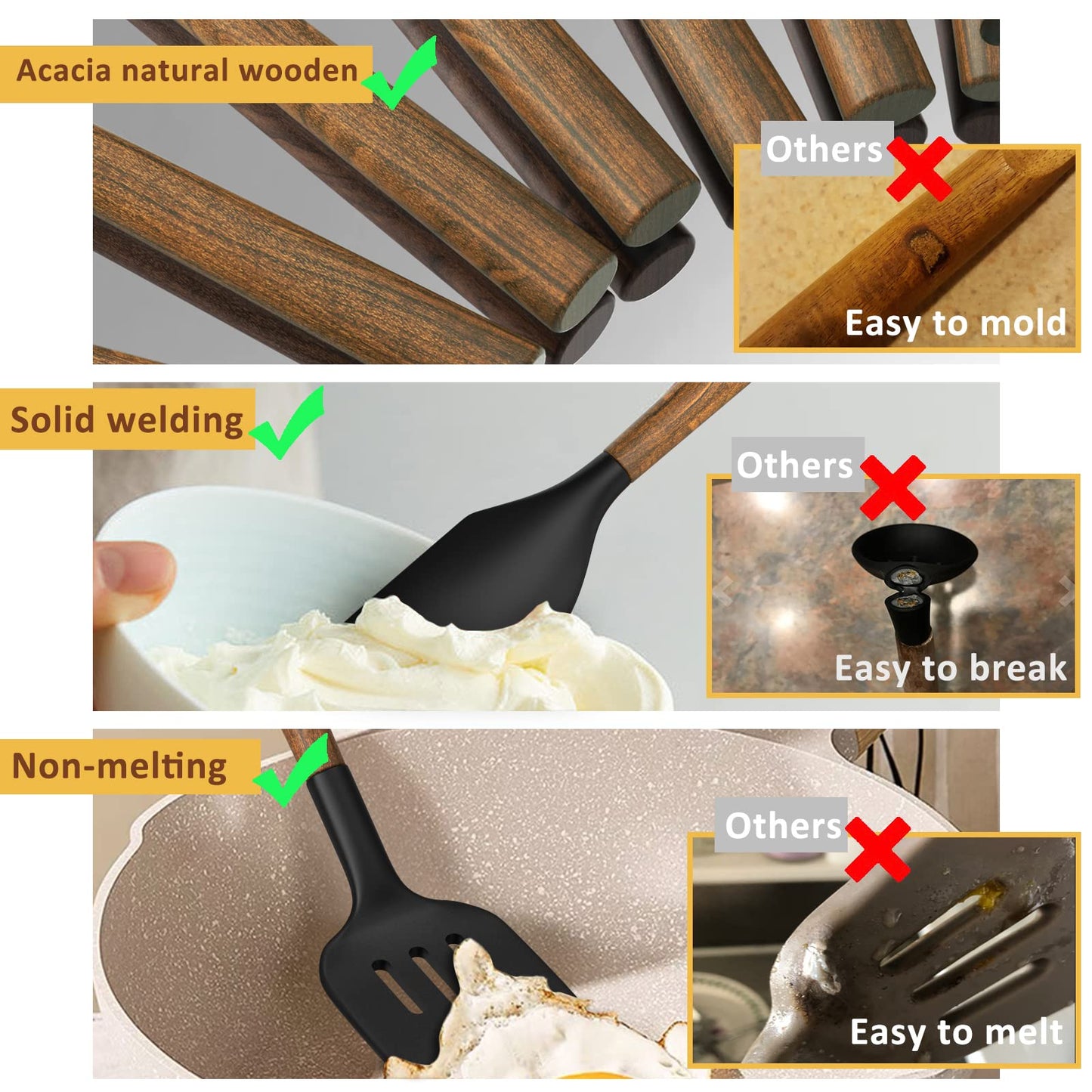 Silicone Cookware Set with Natural Wood Handles, Food Grade Silicone Head - Silicone Kitchen Gadget Spatula Set for Non-Stick Cookware - Black