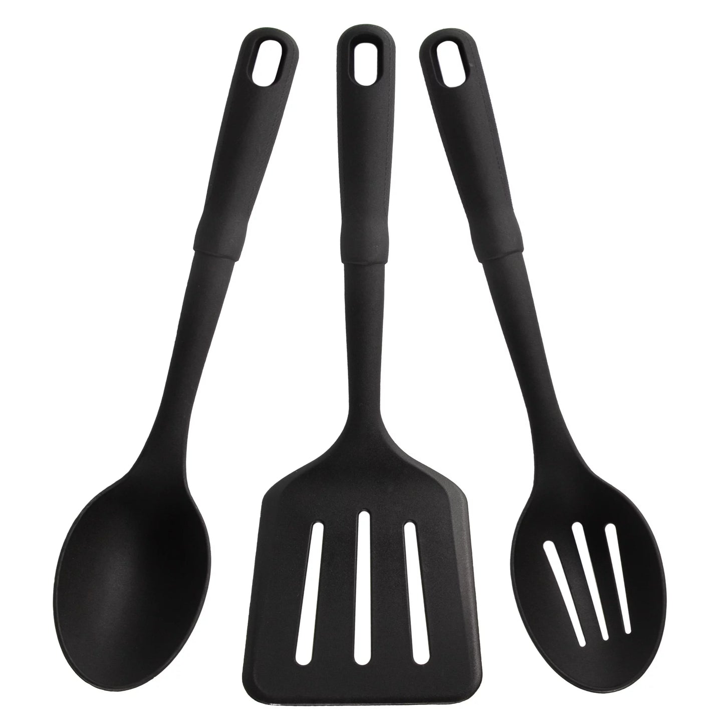 3-piece kitchen utensil set, slotted spatula, slotted spoon and solid spoon, black, nylon