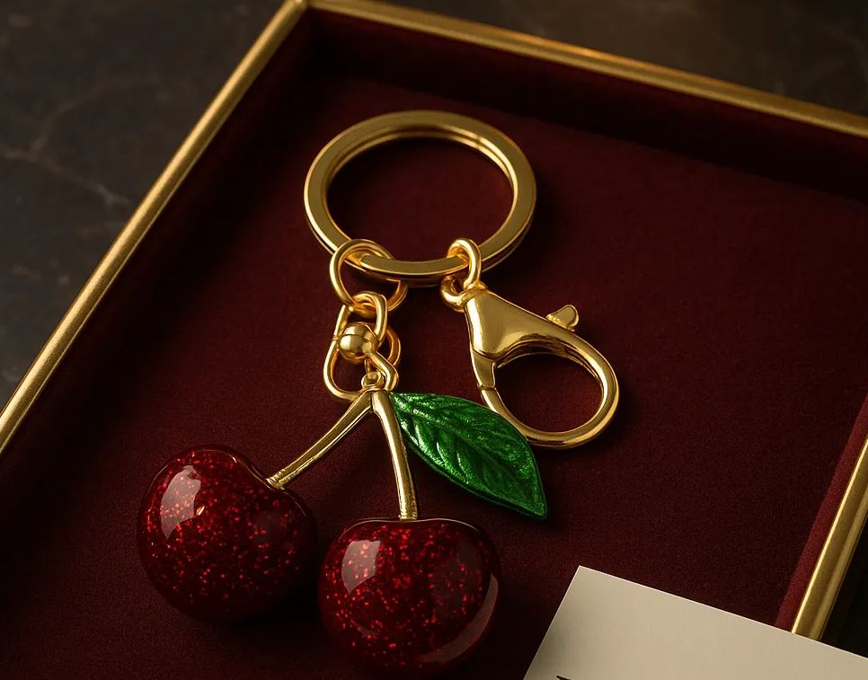 Luxury Sparkling Cherry Keychain – Red Enamel with Gold Detailing