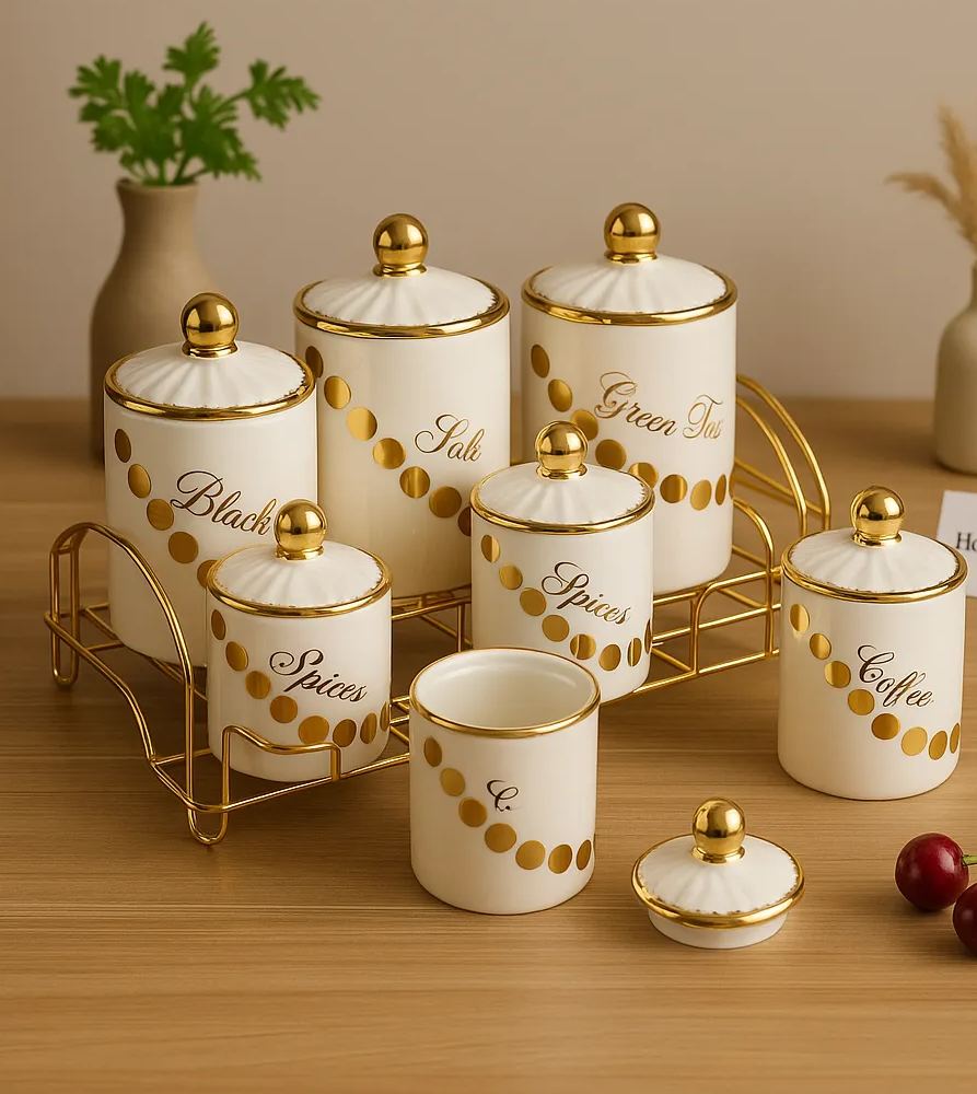 Luxury 8-Piece Ceramic Kitchen Canister Set with Golden Lid & Metal Stand – Spice, Tea, Coffee & Storage Jars