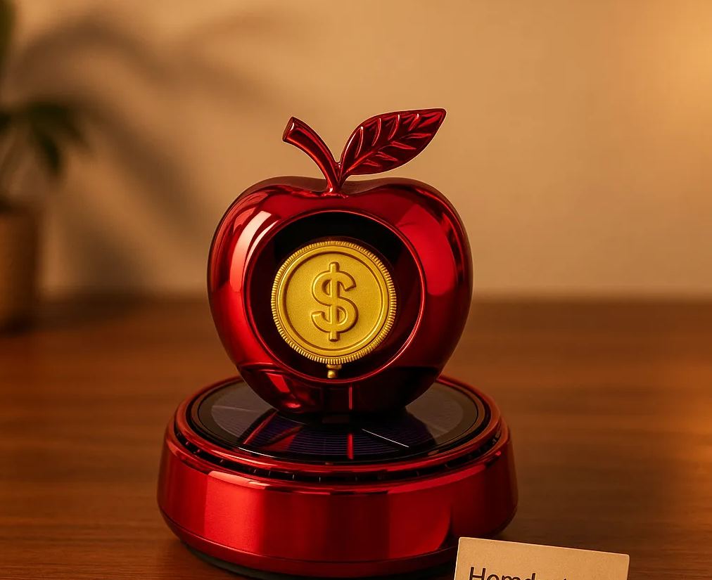 Luxury Solar Rotating Apple Display Stand – Golden Dollar Coin Spinner for Decoration & Showpieces