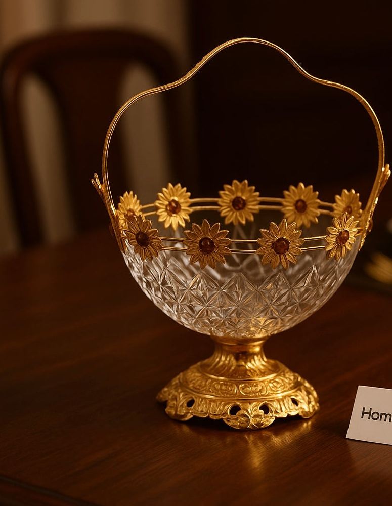 Luxury Crystal Flower Basket – Gold Plated Base & Handle | Decorative Serving & Centerpiece Bowl