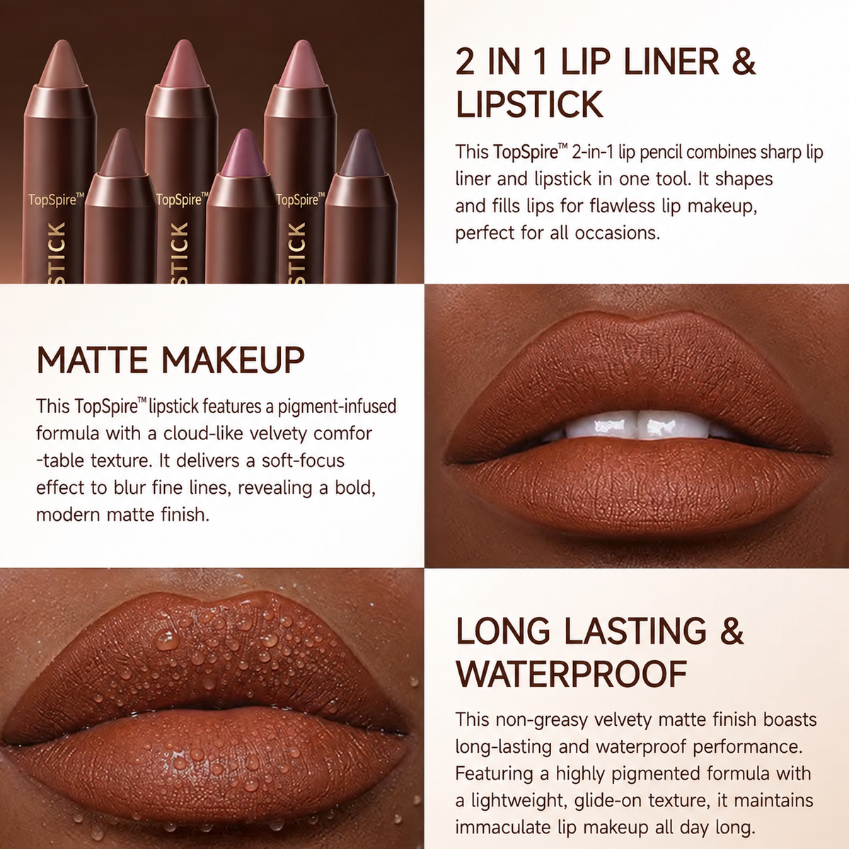 TopSpire™ Luxury Matte Lipstick – Soft Velvet Finish & All-Day Color