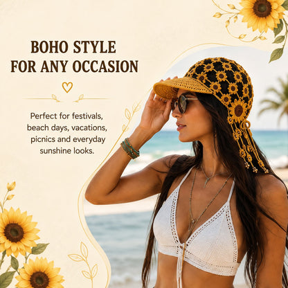 🔥Last Day 49% OFF - 🌻Women’s Handmade Crochet Sunflower Baseball Cap – Hollow-Out Boho Summer Sun Hat with Decorative Tassels