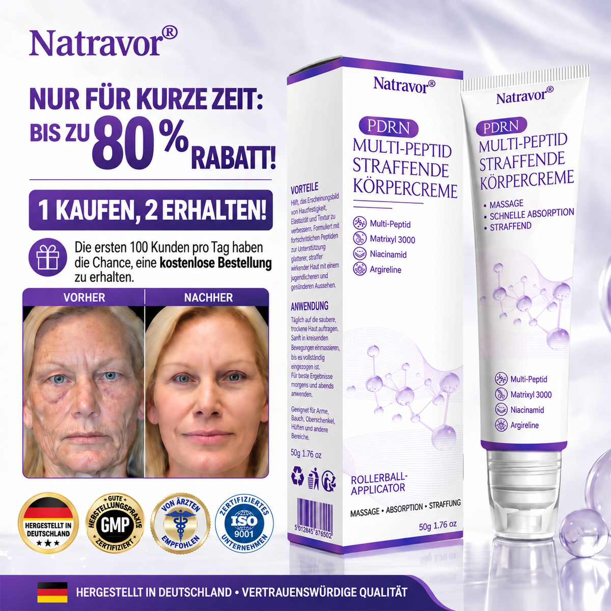 Natravor®🎗️ PDRN Multi-Peptid Massage-Roller-Creme – Anti-Aging Pflege, Feuchtigkeit, Straffung & Lifting für ein glatteres, ebenmäßigeres Hautbild