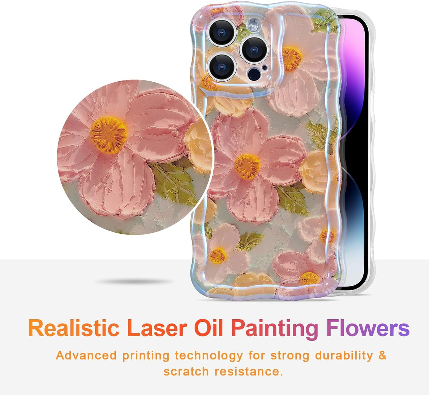 Phone Case for iPhone 15 Pro Max, Colorful Retro Oil Painting Printed Flower Laser Glossy Pattern Cute Curly Wave Edge Exquisite Phone Cover Stylish Durable TPU Protective Case for Girls Women