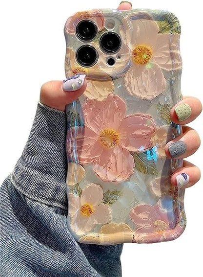 Phone Case for iPhone 15 Pro Max, Colorful Retro Oil Painting Printed Flower Laser Glossy Pattern Cute Curly Wave Edge Exquisite Phone Cover Stylish Durable TPU Protective Case for Girls Women