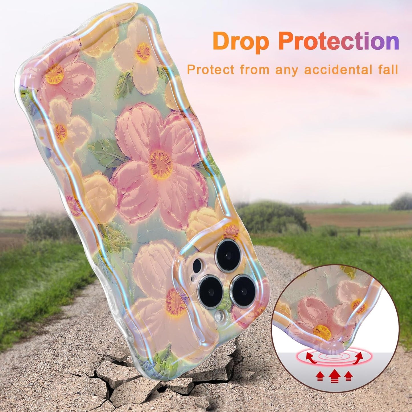 Phone Case for iPhone 15 Pro Max, Colorful Retro Oil Painting Printed Flower Laser Glossy Pattern Cute Curly Wave Edge Exquisite Phone Cover Stylish Durable TPU Protective Case for Girls Women