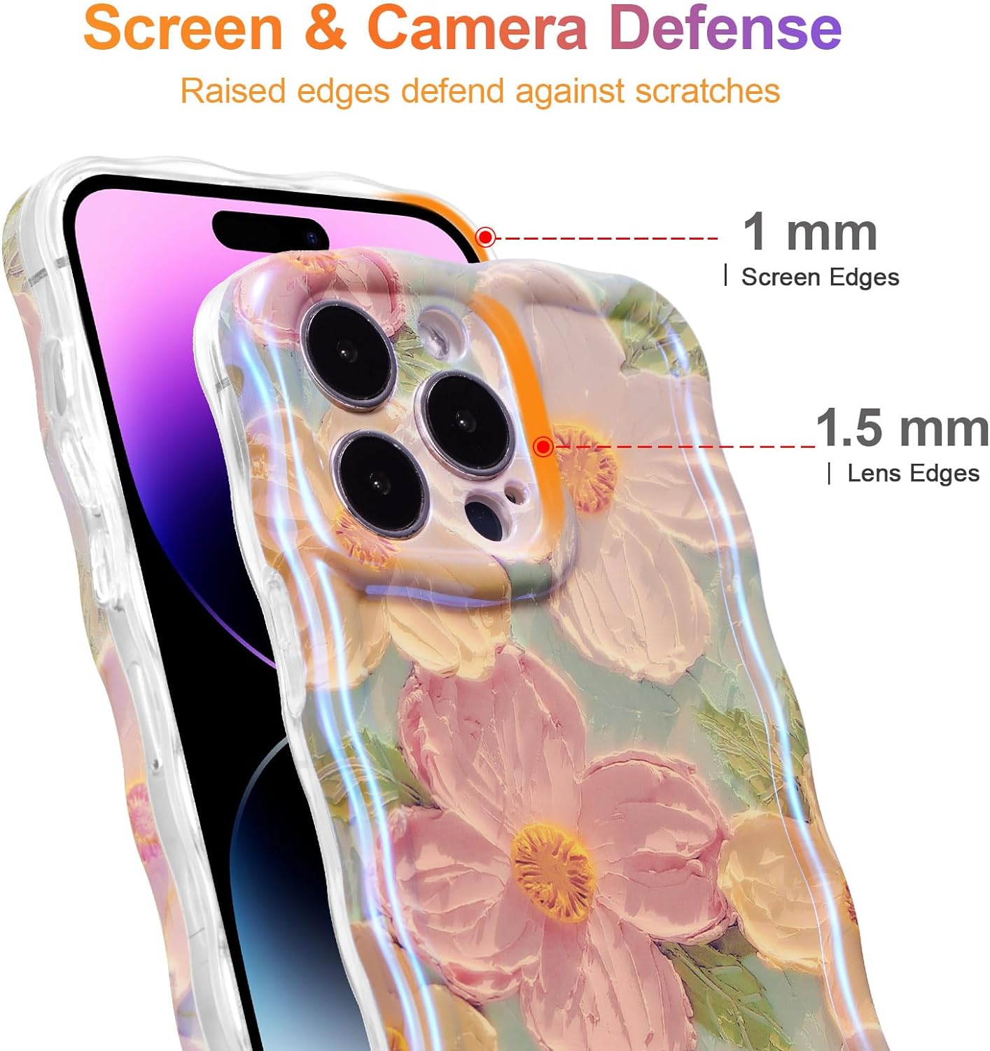 Phone Case for iPhone 15 Pro Max, Colorful Retro Oil Painting Printed Flower Laser Glossy Pattern Cute Curly Wave Edge Exquisite Phone Cover Stylish Durable TPU Protective Case for Girls Women