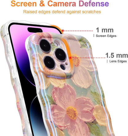 Phone Case for iPhone 15 Pro Max, Colorful Retro Oil Painting Printed Flower Laser Glossy Pattern Cute Curly Wave Edge Exquisite Phone Cover Stylish Durable TPU Protective Case for Girls Women