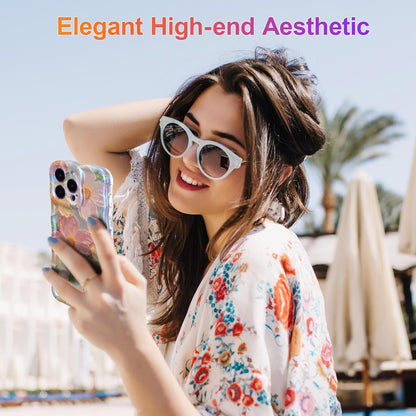 Phone Case for iPhone 15 Pro Max, Colorful Retro Oil Painting Printed Flower Laser Glossy Pattern Cute Curly Wave Edge Exquisite Phone Cover Stylish Durable TPU Protective Case for Girls Women