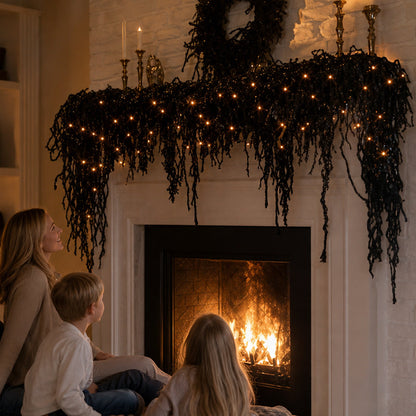 🎃Halloween Fireplace Decor Set with LED Lights – Black Vine Garland for Mantel, Door Frame, Window & Spooky Party Decor👻