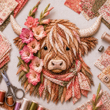 🐮💐🌸 Birth Flower Highland Cow 3D Layered Fabric Art DIY Kit (Beginner-friendly) 🔥 Buy 2 Free Shipping