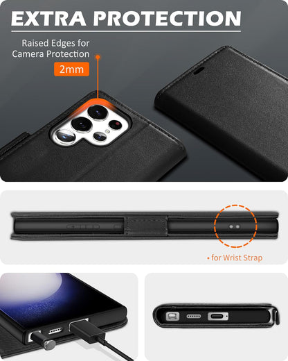 Phone case for Galaxy S24 Ultra 5G 6.8", Genuine Leather S24 Ultra Wallet Folio Case Magnetic Closure RFID Blocking Card Slot Kickstand Protective Case Compatible with Galaxy S24 Ultra 2024