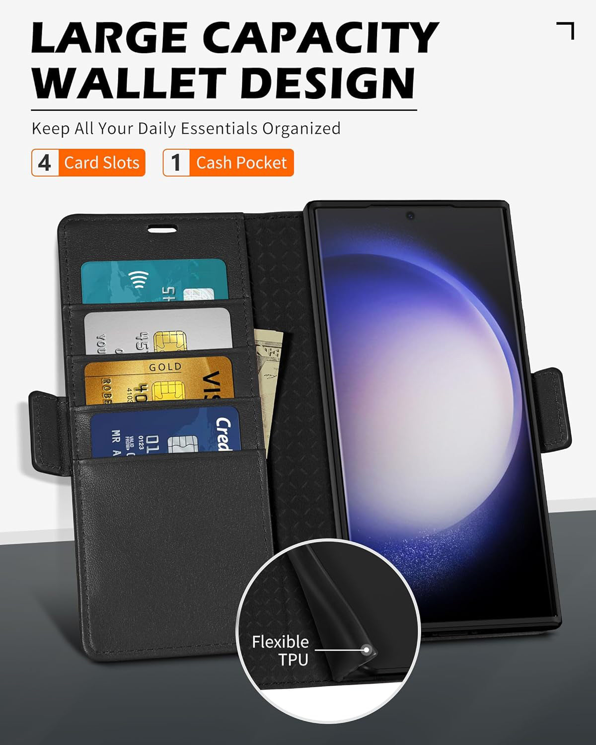 Phone case for Galaxy S24 Ultra 5G 6.8", Genuine Leather S24 Ultra Wallet Folio Case Magnetic Closure RFID Blocking Card Slot Kickstand Protective Case Compatible with Galaxy S24 Ultra 2024