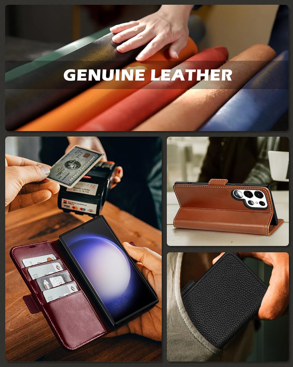 Phone case for Galaxy S24 Ultra 5G 6.8", Genuine Leather S24 Ultra Wallet Folio Case Magnetic Closure RFID Blocking Card Slot Kickstand Protective Case Compatible with Galaxy S24 Ultra 2024