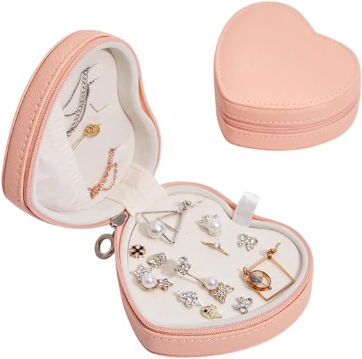 Jewellery Case,Love Shape Vegan Leather Jewellery Box, Small Jewellery Organizer Storage Case, Portable PU Leather Mini Jewelry Travel Case for Girls Womens Earring, Necklace, Rings,Bracelets