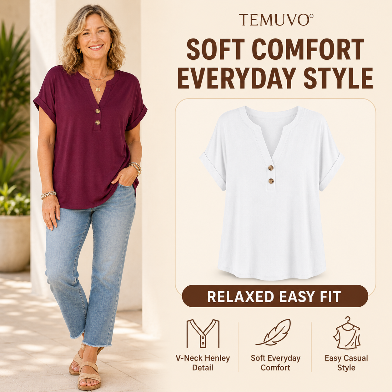 2026 Hot Style Women’s V-Neck Henley Top – Casual Loose Short Sleeve Dressy Blouse & Basic Tee