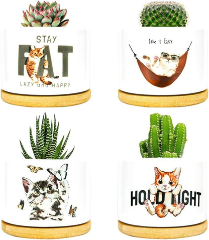 4 Pack Cute Planter Pots with Drainage Hole, Cat Plant Pots for Indoor/Outdoor Plants, Cactus and Succulents Pots Gift for Women