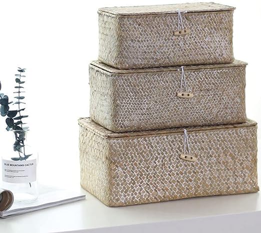 Rectangular Storage Basket with Lid Handmade Seagrass Rattan Woven Natural Box for Clothes Books and Shelves Multifunctional Makeup Organizer Set of 3 Shelf Basket