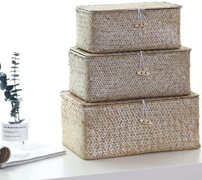 Rectangular Storage Basket with Lid Handmade Seagrass Rattan Woven Natural Box for Clothes Books and Shelves Multifunctional Makeup Organizer Set of 3 Shelf Basket