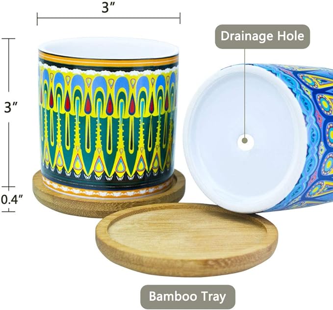 Mandala Succulent Pot with Drainage Hole & Bamboo Coaster, Small Plant Pots, Bohemian Ceramic Succulent Planter Pot for Small Plant-6 Pack