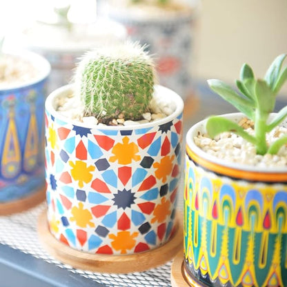 6 Pack Mandala Succulent Plant Pot with Bamboo Trays, Ceramic Multicolored Succulent Container Planter Pot for Small Plant