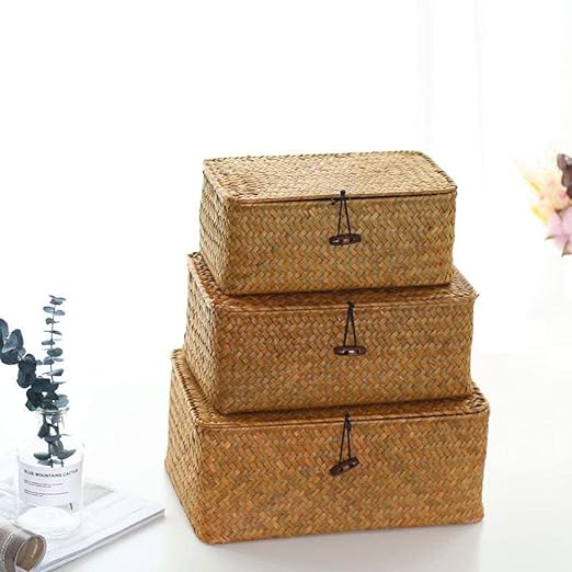 Rectangular Storage Basket with Lid Handmade Seagrass Rattan Woven Natural Box for Clothes Books and Shelves Multifunctional Makeup Organizer Set of 3 Shelf Basket