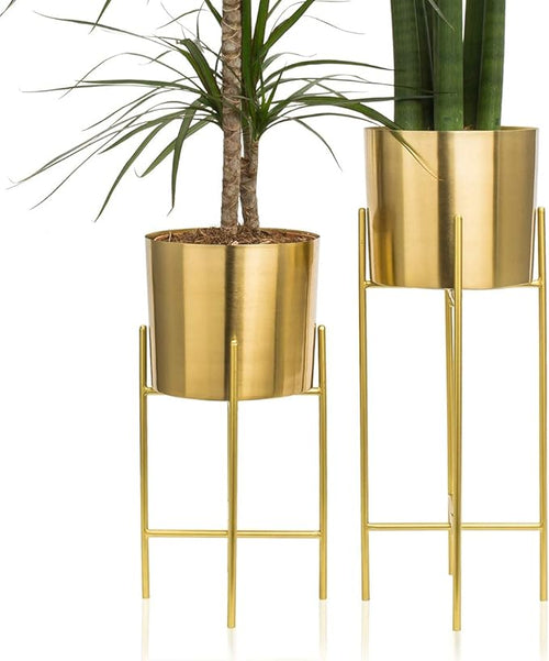babyyoyaya Set 2 Brass Gold Planters with Stand, 7 Inch Diameter Planter Pots with Stands, Modern Flower Pot, Mid Century Living Room Decor for Orchid, Aloe, Large Cactus Plants, 7 Inches Diameter