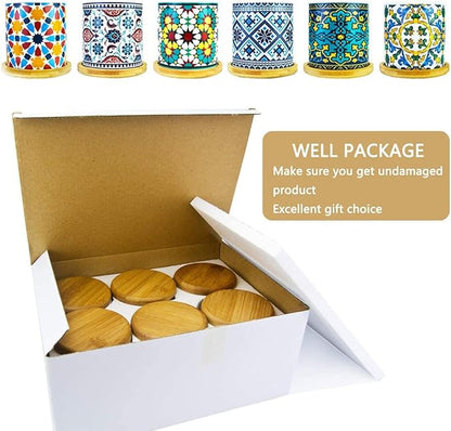 6 Pack Mandala Succulent Plant Pot with Bamboo Trays, Ceramic Multicolored Succulent Container Planter Pot for Small Plant