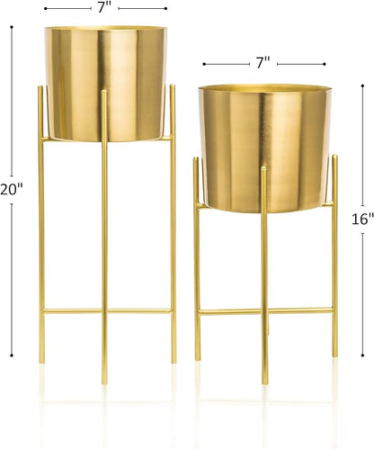babyyoyaya Set 2 Brass Gold Planters with Stand, 7 Inch Diameter Planter Pots with Stands, Modern Flower Pot, Mid Century Living Room Decor for Orchid, Aloe, Large Cactus Plants, 7 Inches Diameter