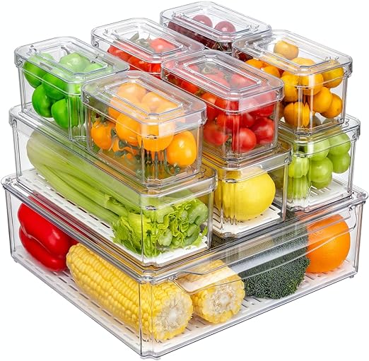 10 Pack Refrigerator Organizer Bins, Stackable Fridge Organizers and Storage with Lids, BPA-Free Fridge Organizers Containers for Fruit, Vegetable, Food, Drinks, Cereals, Clear