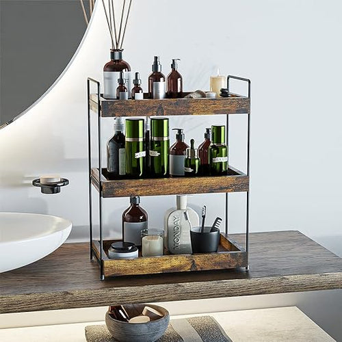 Bathroom Organizer Countertop, 3 Tier Wood Spice Rack Organizer for Kitchen Counter, Vanity Skincare Organizers Shelf for Bathroom Storage Organization, Rustic Brown