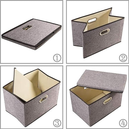 Large Collapsible Storage Bins with Lids [3-Pack] Linen Fabric Foldable Storage Boxes Organizer Containers Baskets Cube with Cover for Home Bedroom Closet Office Nursery (17.7x11.8x11.8)