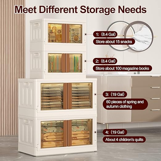 4 Pack Closet Organizers and Storage - 19 Gallon Collapsible Storage Bins with Door and Lids, Stackable storage containers for Clothing, Books, Bedding and Toys.