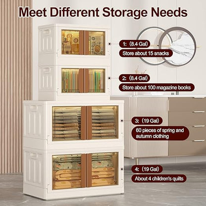 4 Pack Closet Organizers and Storage - 19 Gallon Collapsible Storage Bins with Door and Lids, Stackable storage containers for Clothing, Books, Bedding and Toys.