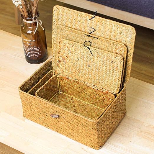 Rectangular Storage Basket with Lid Handmade Seagrass Rattan Woven Natural Box for Clothes Books and Shelves Multifunctional Makeup Organizer Set of 3 Shelf Basket