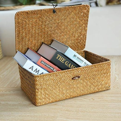 Rectangular Storage Basket with Lid Handmade Seagrass Rattan Woven Natural Box for Clothes Books and Shelves Multifunctional Makeup Organizer Set of 3 Shelf Basket