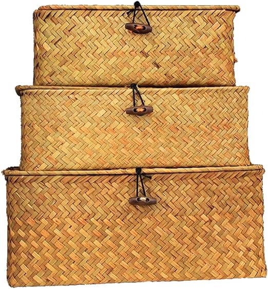 Rectangular Storage Basket with Lid Handmade Seagrass Rattan Woven Natural Box for Clothes Books and Shelves Multifunctional Makeup Organizer Set of 3 Shelf Basket