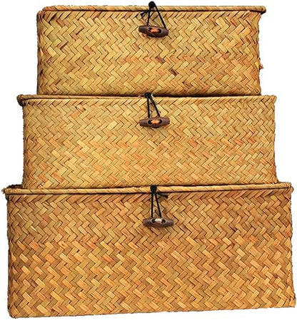 Rectangular Storage Basket with Lid Handmade Seagrass Rattan Woven Natural Box for Clothes Books and Shelves Multifunctional Makeup Organizer Set of 3 Shelf Basket