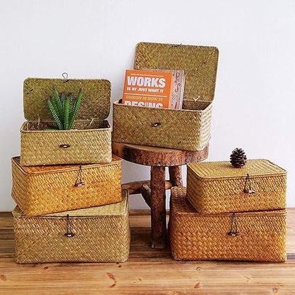 Rectangular Storage Basket with Lid Handmade Seagrass Rattan Woven Natural Box for Clothes Books and Shelves Multifunctional Makeup Organizer Set of 3 Shelf Basket