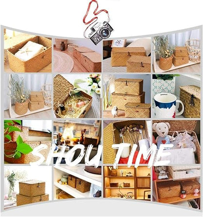 Rectangular Storage Basket with Lid Handmade Seagrass Rattan Woven Natural Box for Clothes Books and Shelves Multifunctional Makeup Organizer Set of 3 Shelf Basket