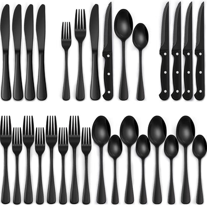 24 piece black silverware set, black dinnerware set for 4, food grade stainless steel flatware set