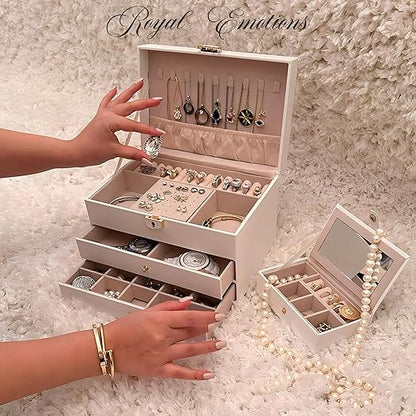 3 Layer Jewelry Organizer with Travel Jewelry Case - Jewelry Box with 2 Drawers - Large Jewelry Boxes for Women - Luxury Lockable Jewelry Holder Organizer - Gifts for Women