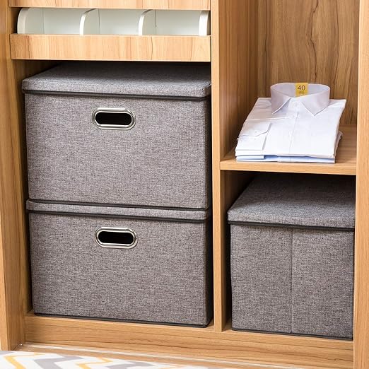 Large Collapsible Storage Bins with Lids [3-Pack] Linen Fabric Foldable Storage Boxes Organizer Containers Baskets Cube with Cover for Home Bedroom Closet Office Nursery (17.7x11.8x11.8)