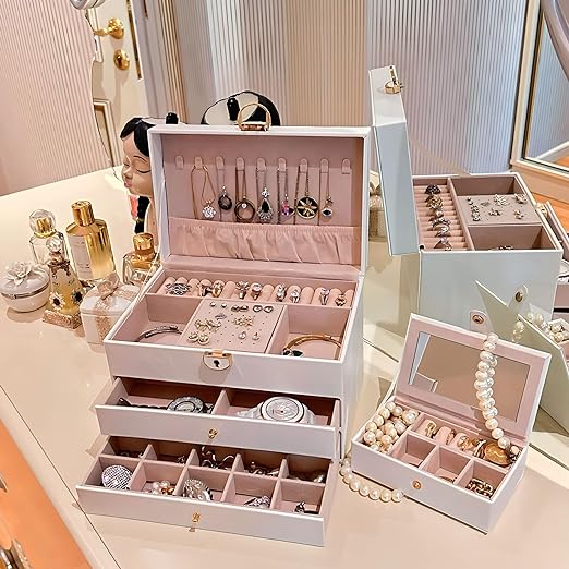 3 Layer Jewelry Organizer with Travel Jewelry Case - Jewelry Box with 2 Drawers - Large Jewelry Boxes for Women - Luxury Lockable Jewelry Holder Organizer - Gifts for Women